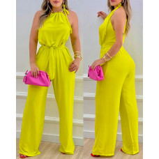 Sleeveless Tied Detail Belted Jumpsuit - yellow