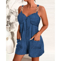 Sleeveless Tied Detail Chain Decor Romper - blue