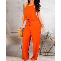 Sleeveless Tied Detail Top & High Waist Pants Set - orange