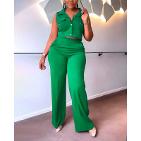 Sleeveless Turn-down Collar Top & Pants Set - green