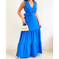 Sleeveless V-Neck Belted Maxi Dress - blue