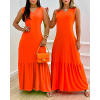 Sleeveless V-Neck Casual Maxi Dress - orange