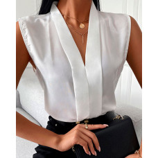 Sleeveless V-Neck Plain Casual Top - white