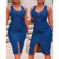 Sleeveless Zipper Detail Denim Dress - blue