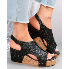 Slingback Peep Toe Glitter Wedge Sandals - black