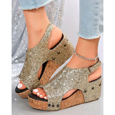 Slingback Peep Toe Glitter Wedge Sandals - gold