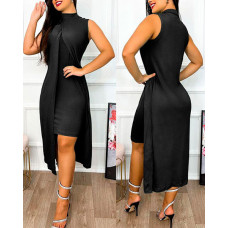 Slit Asymmetrical Sleeveless Casual Dress - black