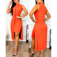 Slit Asymmetrical Sleeveless Casual Dress - orange