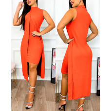 Slit Asymmetrical Sleeveless Casual Dress - orange