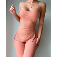 Slit Bandeau Top & High Waist Pants Set - pink