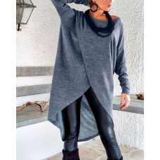 Slit Long Sleeve Dip Hem Top - Dark grey