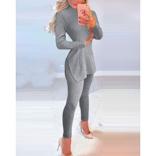 Slit Long Sleeve High Neck Knit Pajamas Set - gray