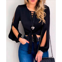 Slit Sleeve Knotted Detail Casual Blouse - black