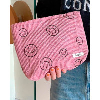 Smiley Face Corduroy Makeup Toiletry Bag Storage Handbag Accessories Organizer - pink