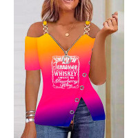 Smooth As Tennessee Whiskey Sweet As Strawberry Wine Print Cold Shoulder Top - Multicolor