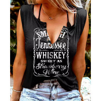 Smooth As Tennessee Whiskey Sweet As Strawberry Wine Print Eyelet Decor Casual Tank Top - black