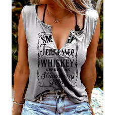 Smooth As Tennessee Whiskey Sweet As Strawberry Wine Print Eyelet Decor Casual Tank Top - gray