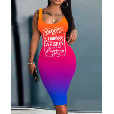 Smooth As Tennessee Whiskey Sweet As Strawberry Wine Print Ombre Sleeveless Bodycon Dress - Multicolor