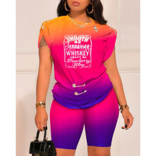 Smooth As Tennessee Whiskey Sweet As Strawberry Wine Print Ombre Top & Shorts Set - Multicolor