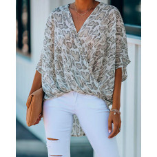 Snake Print V Neck Wrap Top - beige