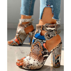 Snakeskin Ankle Buckled Chunky Heels - khaki