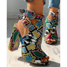 Snakeskin Ankle Buckled Chunky Heels - Multicolor