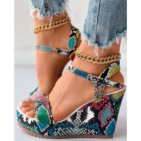 Snakeskin Ankle Strap Wedge Sandals - Multicolor