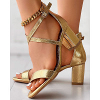 Snakeskin Cross Strap Buckled Chunky Heeled Sandals - gold Snakeskin Cross Strap Buckled Chunky Heeled Sandals - gold