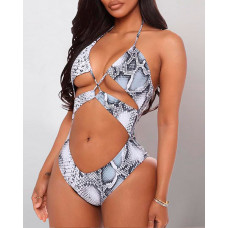 Snakeskin Cut-out Halter Sleeveless One-Piece Bikini Sets - snakeskin