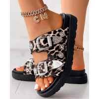 Snakeskin Double Strap Buckled Slippers - Leopard