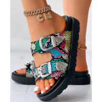 Snakeskin Double Strap Buckled Slippers - Multicolor