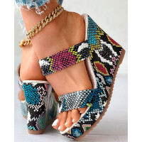 Snakeskin Double Strap Wedge Slippers - Multicolor