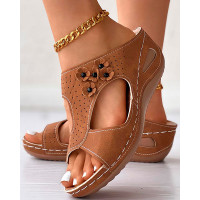 Snakeskin Floral Pattern Hollow Out Wedge Flip Flops - brown