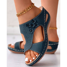 Snakeskin Floral Pattern Hollow Out Wedge Flip Flops - purplish blue