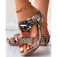 Snakeskin Floral Pattern Hollow Out Wedge Flip Flops - snakeskin