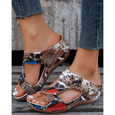 Snakeskin Hollow Out Floral Pattern Wedge Slippers - Multicolor