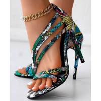 Snakeskin Multi Straps Stiletto Heeled Sandals - Multicolor