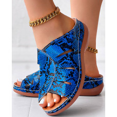 Snakeskin Peep Toe Wedge Slippers Summer Sandals - blue