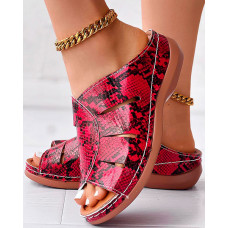 Snakeskin Peep Toe Wedge Slippers Summer Sandals - red