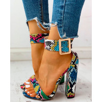 Snakeskin Print Ankle Buckled Chunky Heels - Multicolor