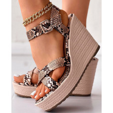 Snakeskin Print Crisscross Ankle Strap Platform Wedge Sandals - brown