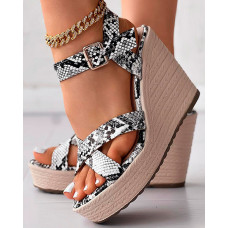 Snakeskin Print Crisscross Ankle Strap Platform Wedge Sandals - snakeskin