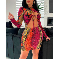 Snakeskin Print Long Sleeve Cutout Bodyocn Dress - Multicolor