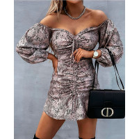 Snakeskin Print Off Shoulder Lantern Sleeve Drawstring Dress - snakeskin