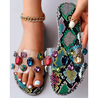 Snakeskin Print Rhinestone Decor Clear Strap Slippers - Multicolor