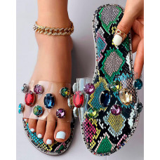 Snakeskin Print Rhinestone Decor Clear Strap Slippers - Multicolor