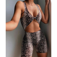 Snakeskin Print Twist Cutout Front Skinny Romper - snakeskin