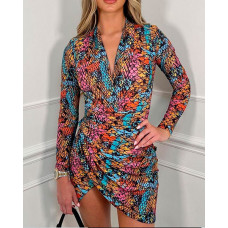 Snakeskin Print V-Neck Ruched Slit Mini Dress - Multicolor