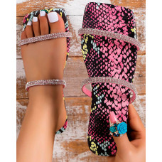 Snakeskin Rhinestone Double Strap Beach Slippers - hot pink