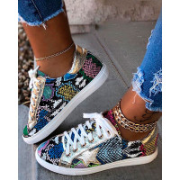 Snakeskin Star Design Lace-Up Sneakers - Multicolor